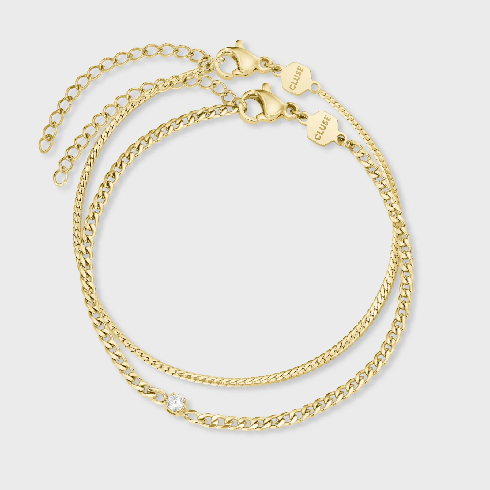 Élevé Zirconia & Flat Snake Chain Bracelet Set, Gold Colour