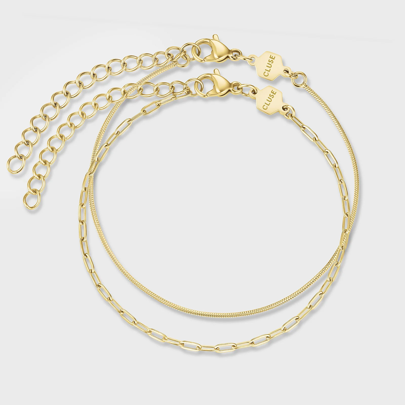 Essentielle Paperclip & Round Snake Chain Bracelet Set, Gold Colour